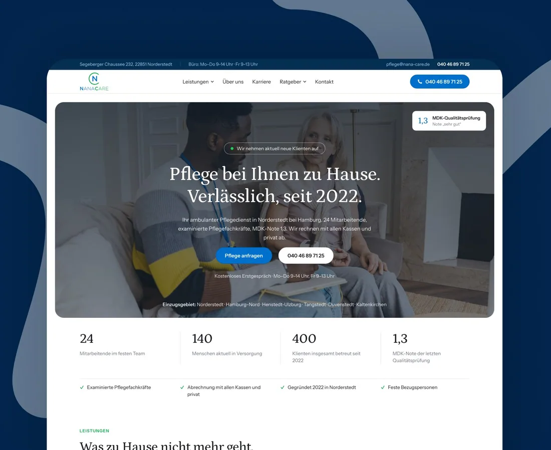 Ausschnitt der Website von NanaCare